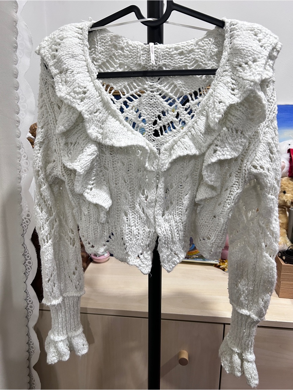 Free People White Open-Knit Cable-Knit Ruffle Cardigan Sweater Long Sleeve XS